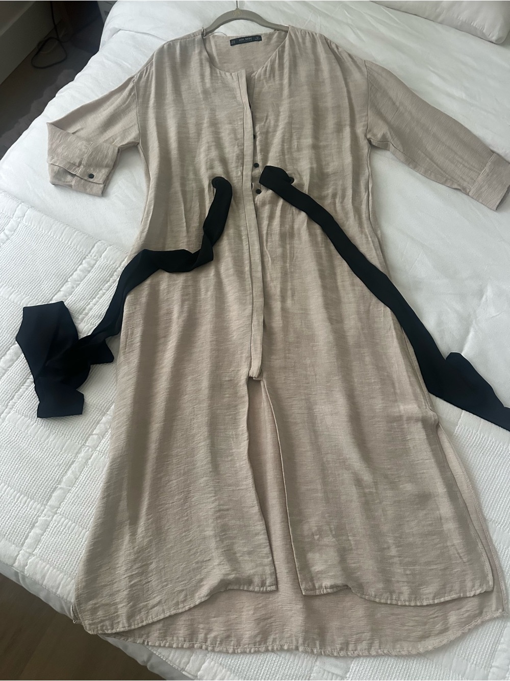 Zara Beige Midi Shirt Dress with Black Sash Tie